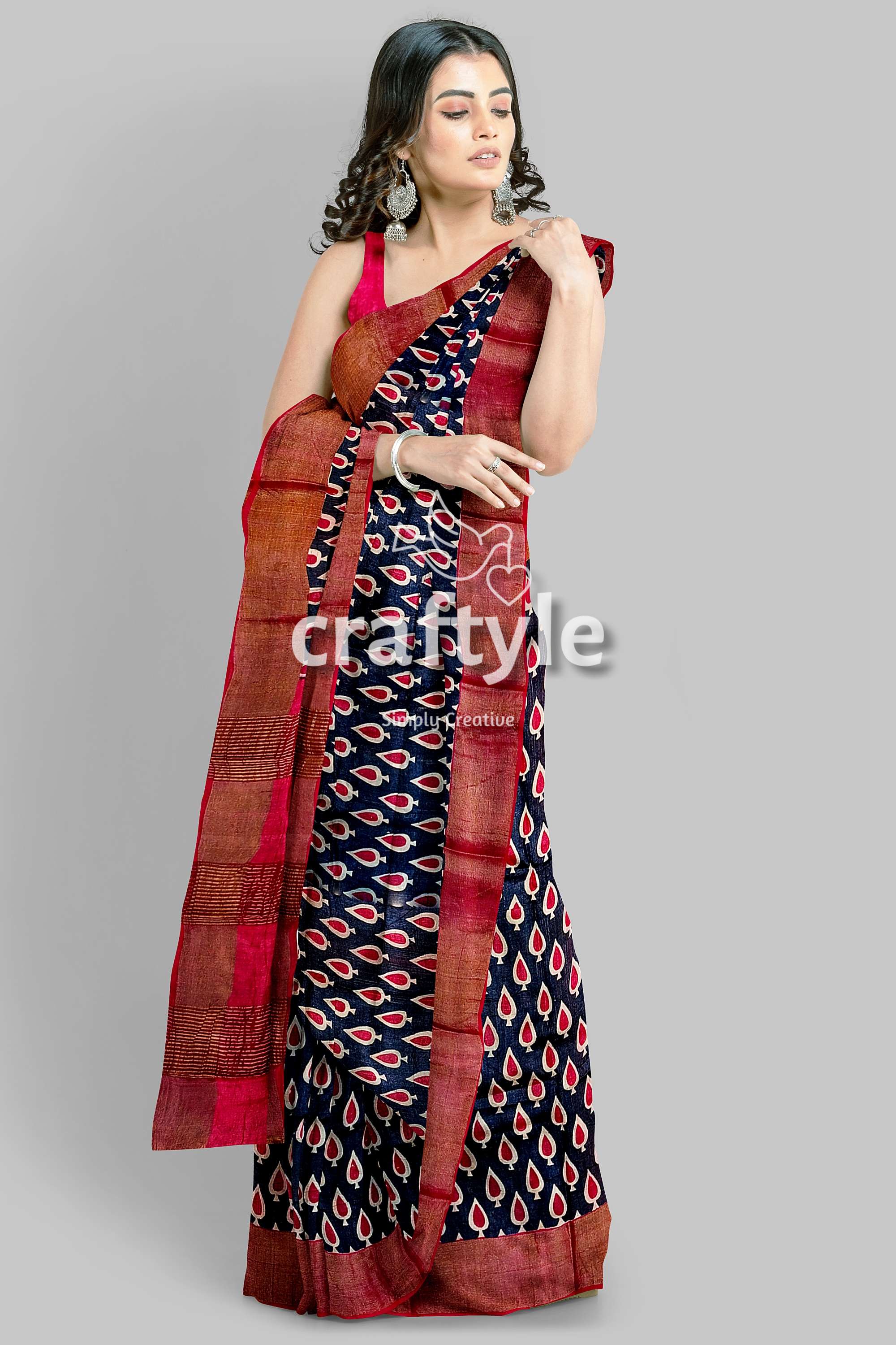 Black and Red Hand Block Printed Pure Tussar Silk Saree with Zari Border - Craftyle