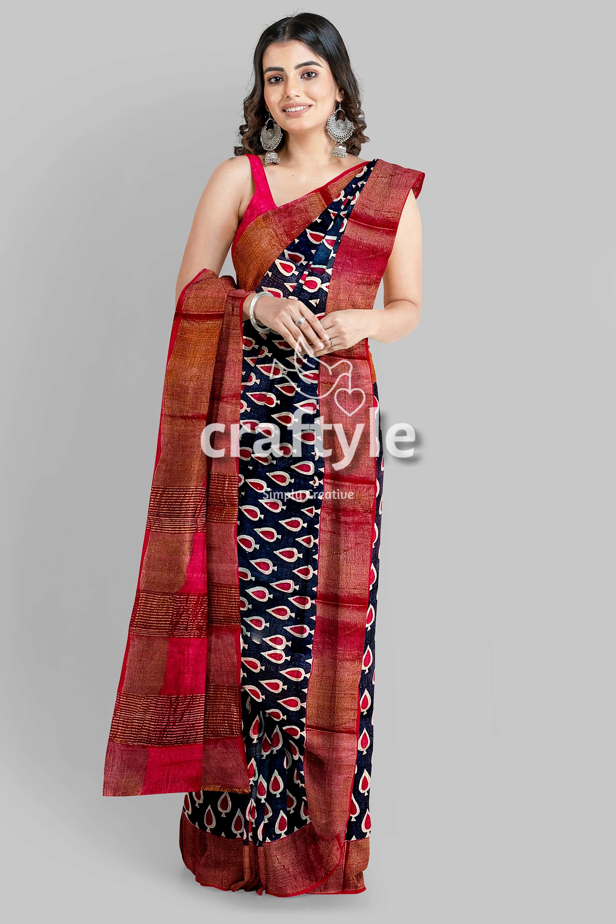Black and Red Hand Block Printed Pure Tussar Silk Saree with Zari Border - Craftyle