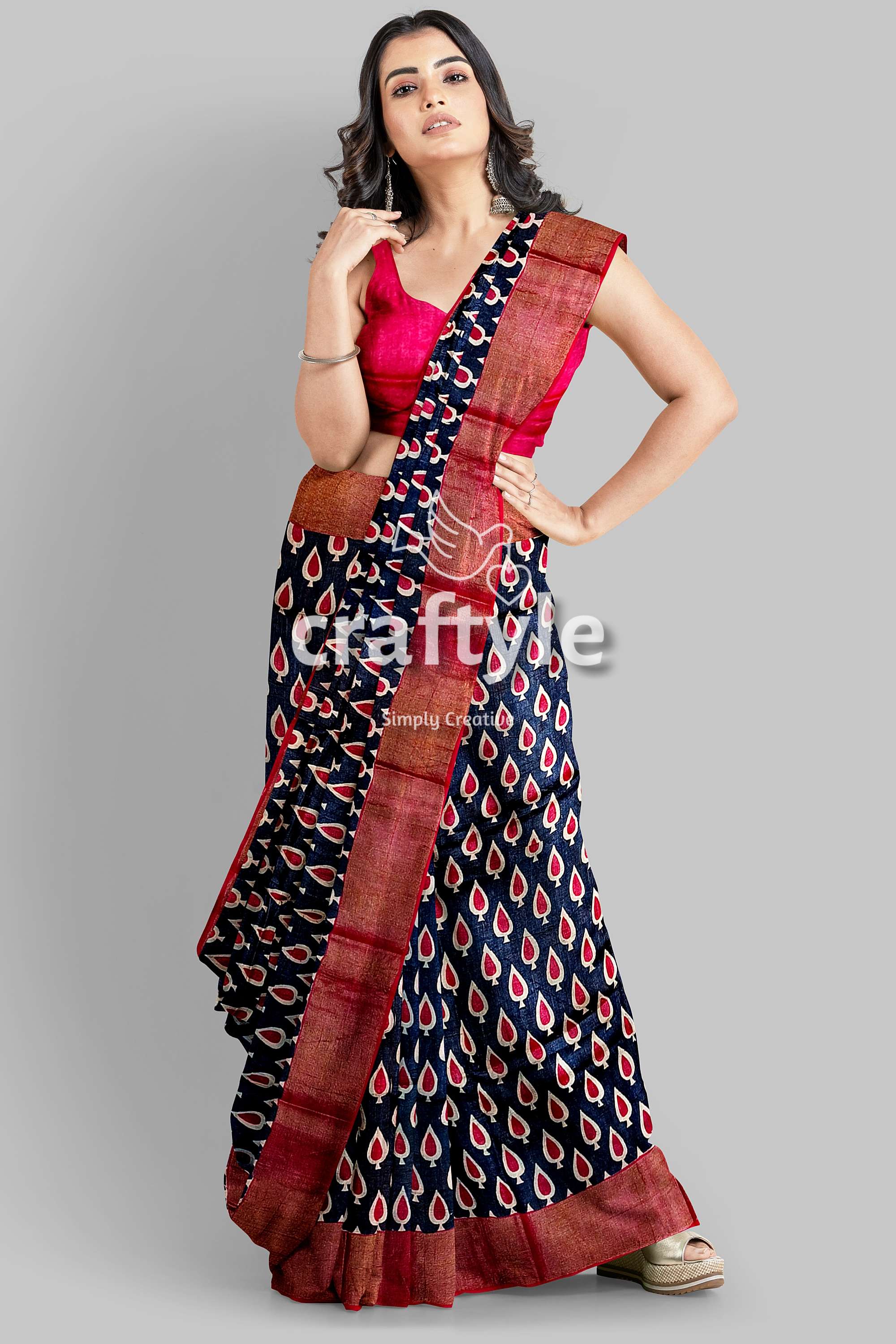 Black and Red Hand Block Printed Pure Tussar Silk Saree with Zari Border - Craftyle