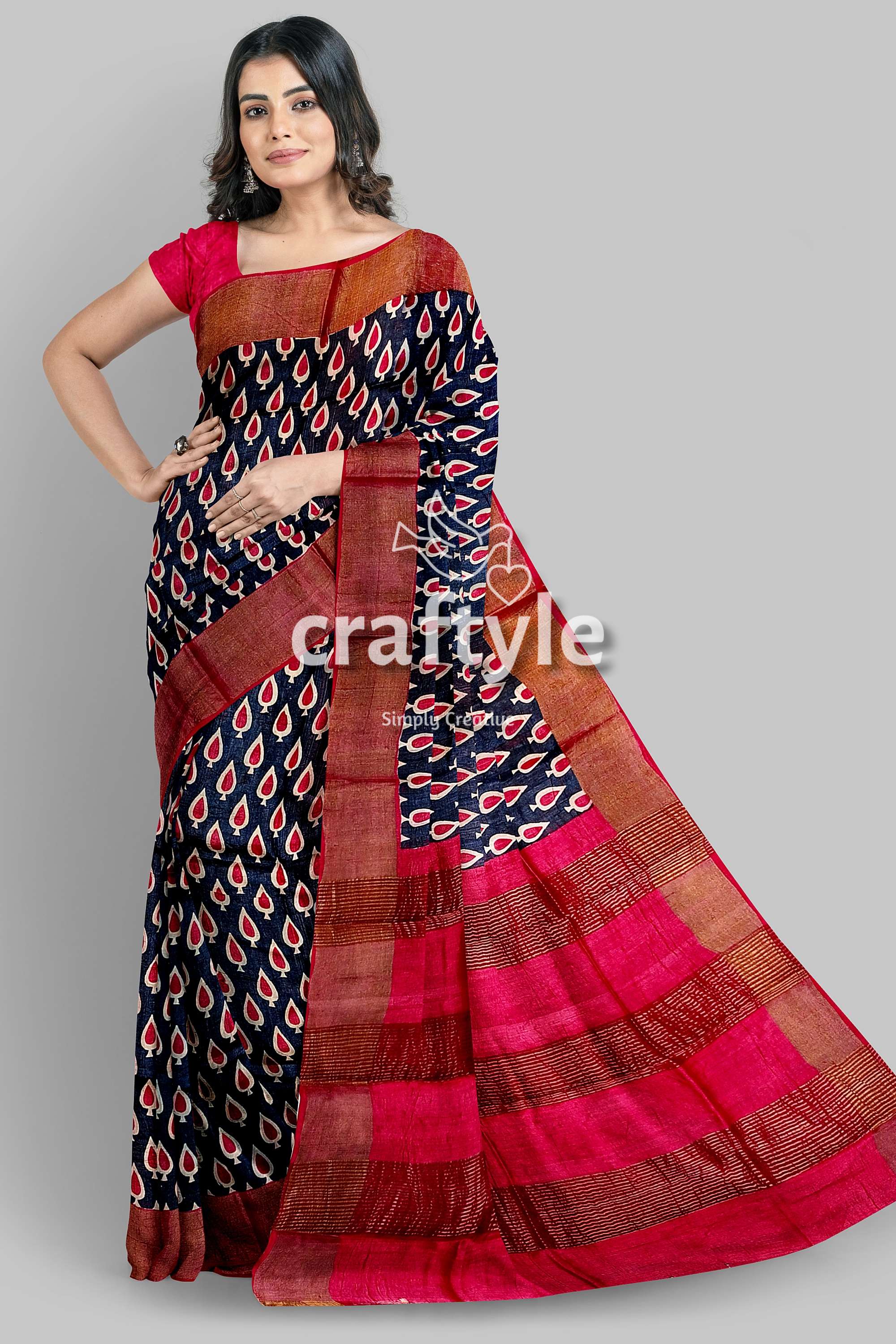 Black and Red Hand Block Printed Pure Tussar Silk Saree with Zari Border - Craftyle