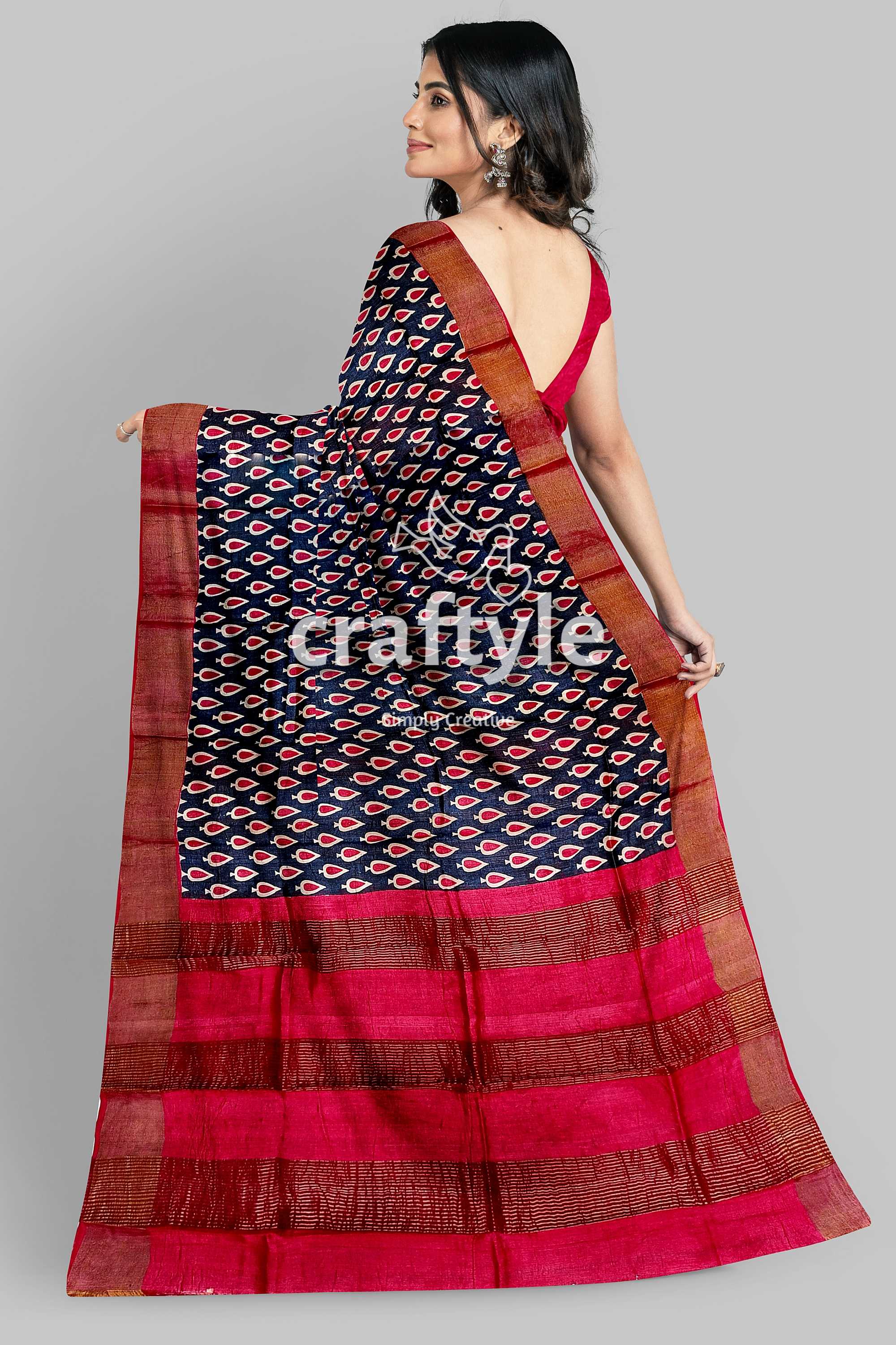 Black and Red Hand Block Printed Pure Tussar Silk Saree with Zari Border - Craftyle
