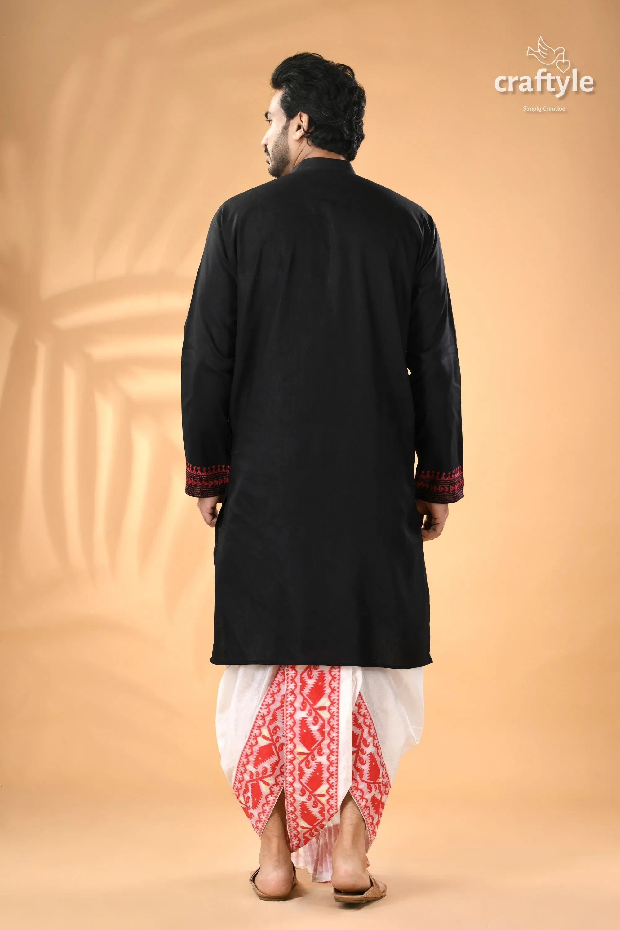Black and red hand kantha embroidered cotton ethnic punjabi men’s kurta 6