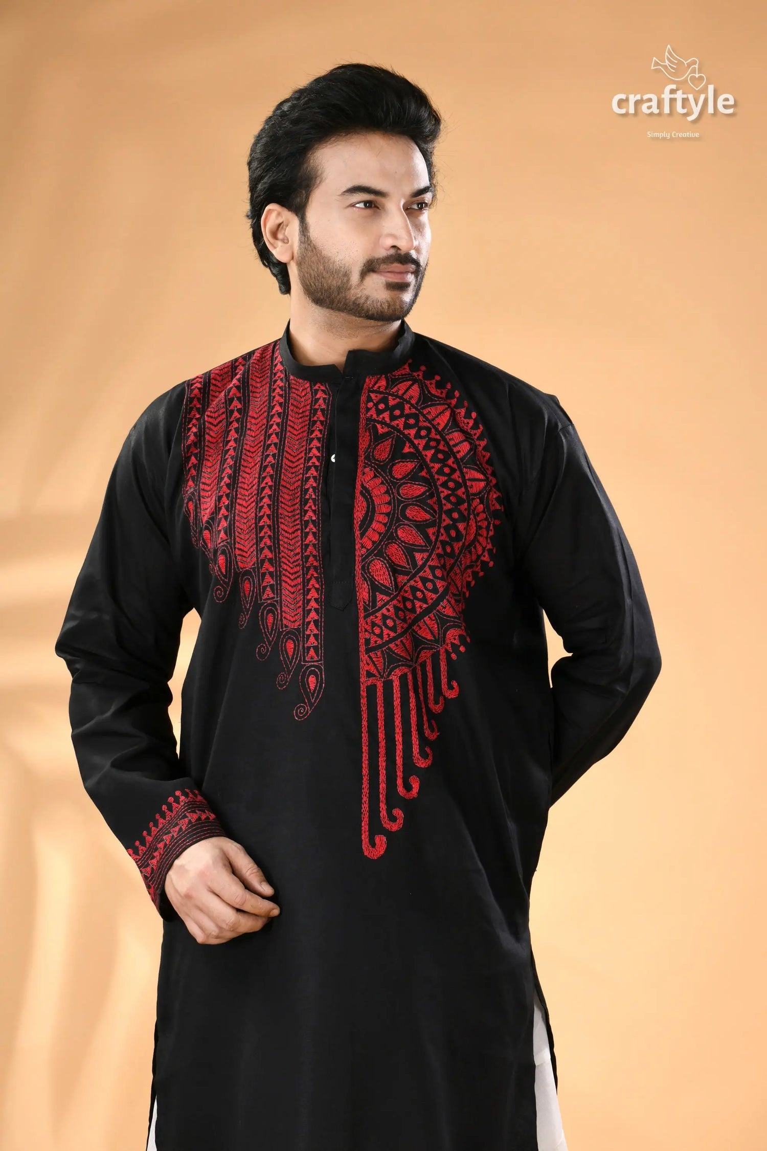 Black and red hand kantha embroidered cotton ethnic punjabi men’s black punjabi red embroidery 2