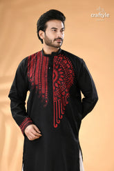 Black and red hand kantha embroidered cotton ethnic punjabi men’s black punjabi red embroidery 2