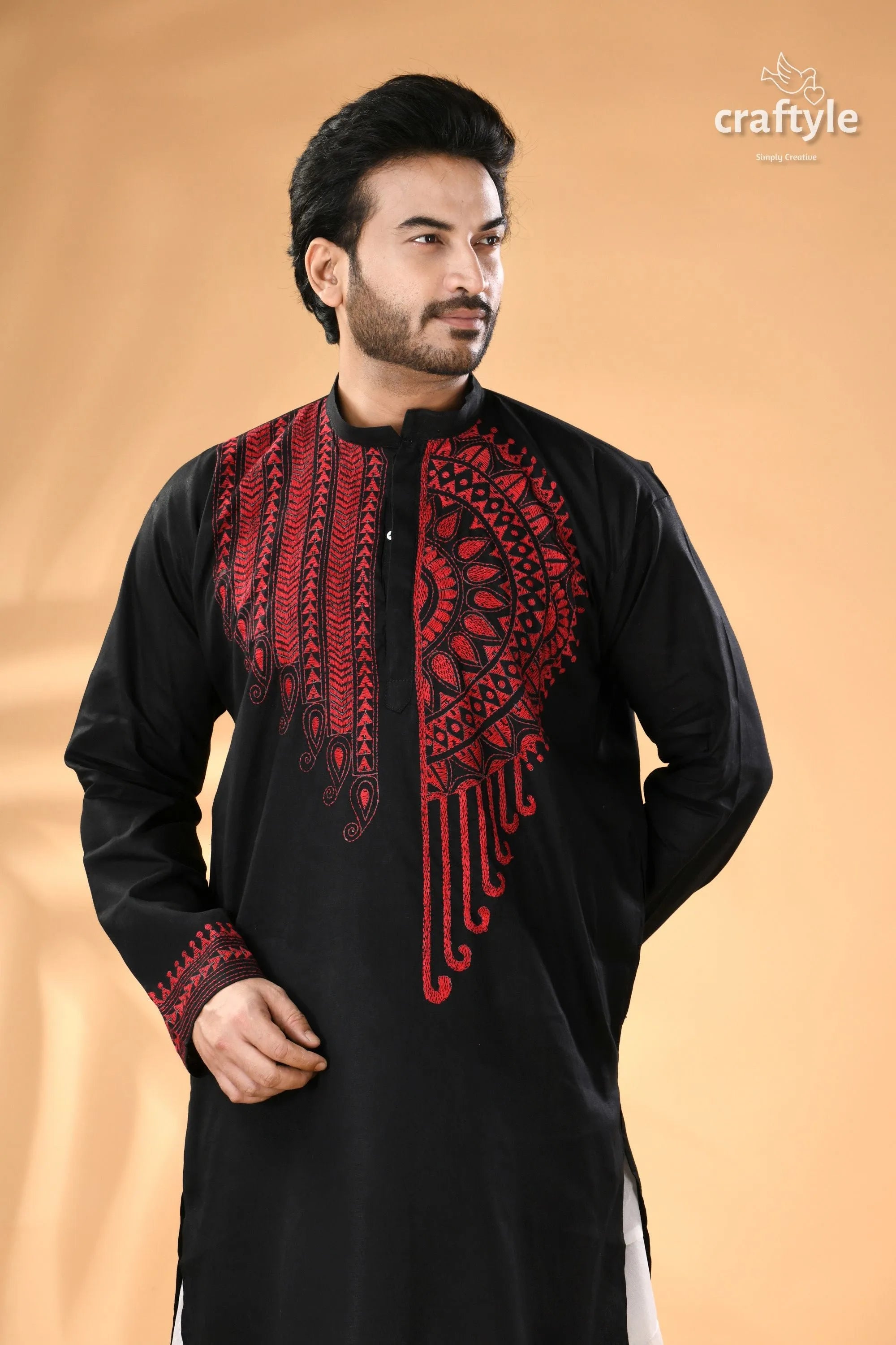 Black and red hand kantha embroidered cotton ethnic punjabi men’s embroidery 2