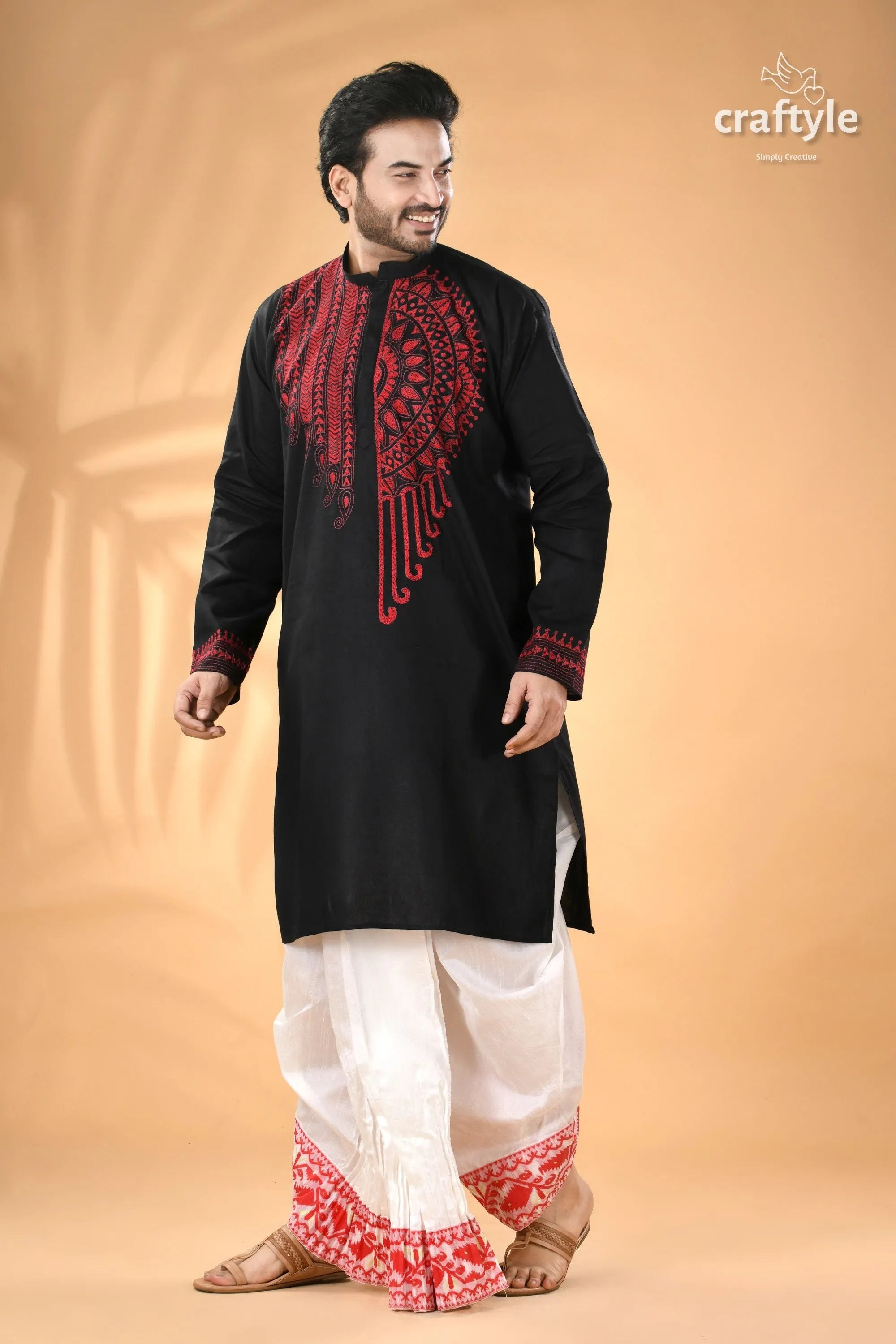Black and red hand kantha embroidered cotton ethnic punjabi men’s kurta white 4