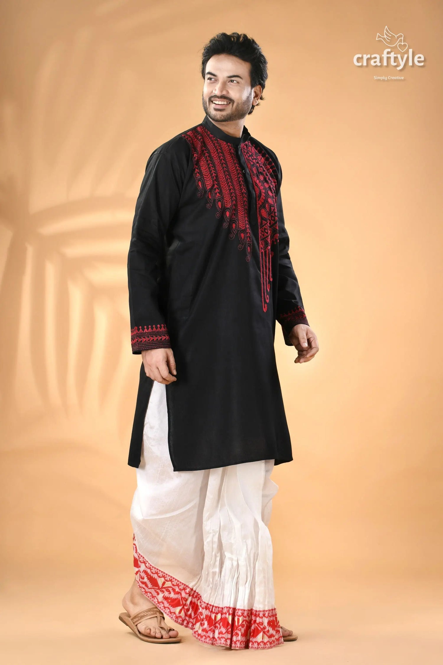 Black and red hand kantha embroidered cotton ethnic punjabi men’s black kurta red embroidery 3