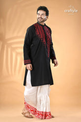 Black and red hand kantha embroidered cotton ethnic punjabi men’s black kurta red embroidery 3