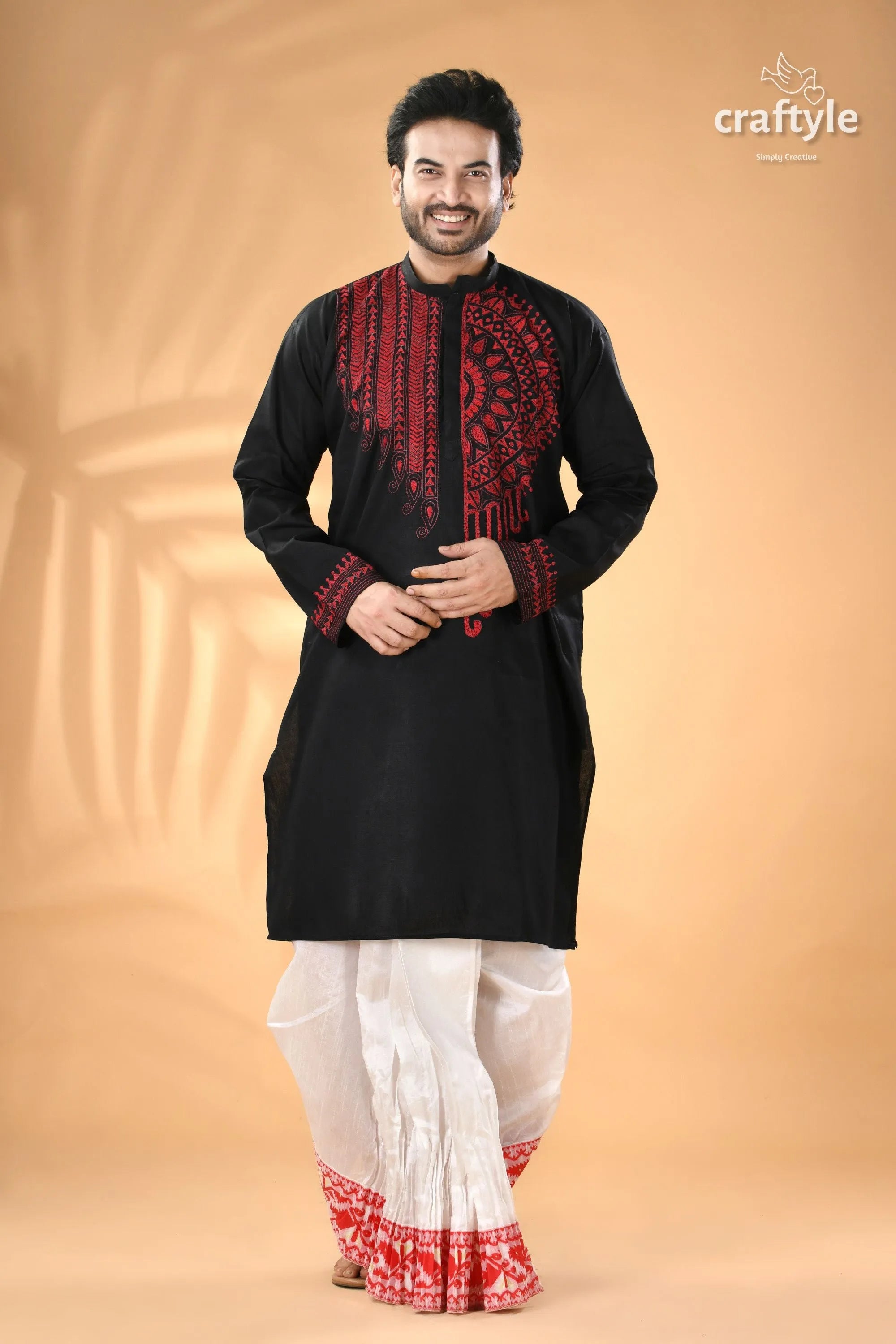 Black and red hand kantha embroidered cotton ethnic punjabi man kurta embroidery 5