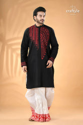 Black and red hand kantha embroidered cotton ethnic punjabi men’s black embroidered kurta white 1