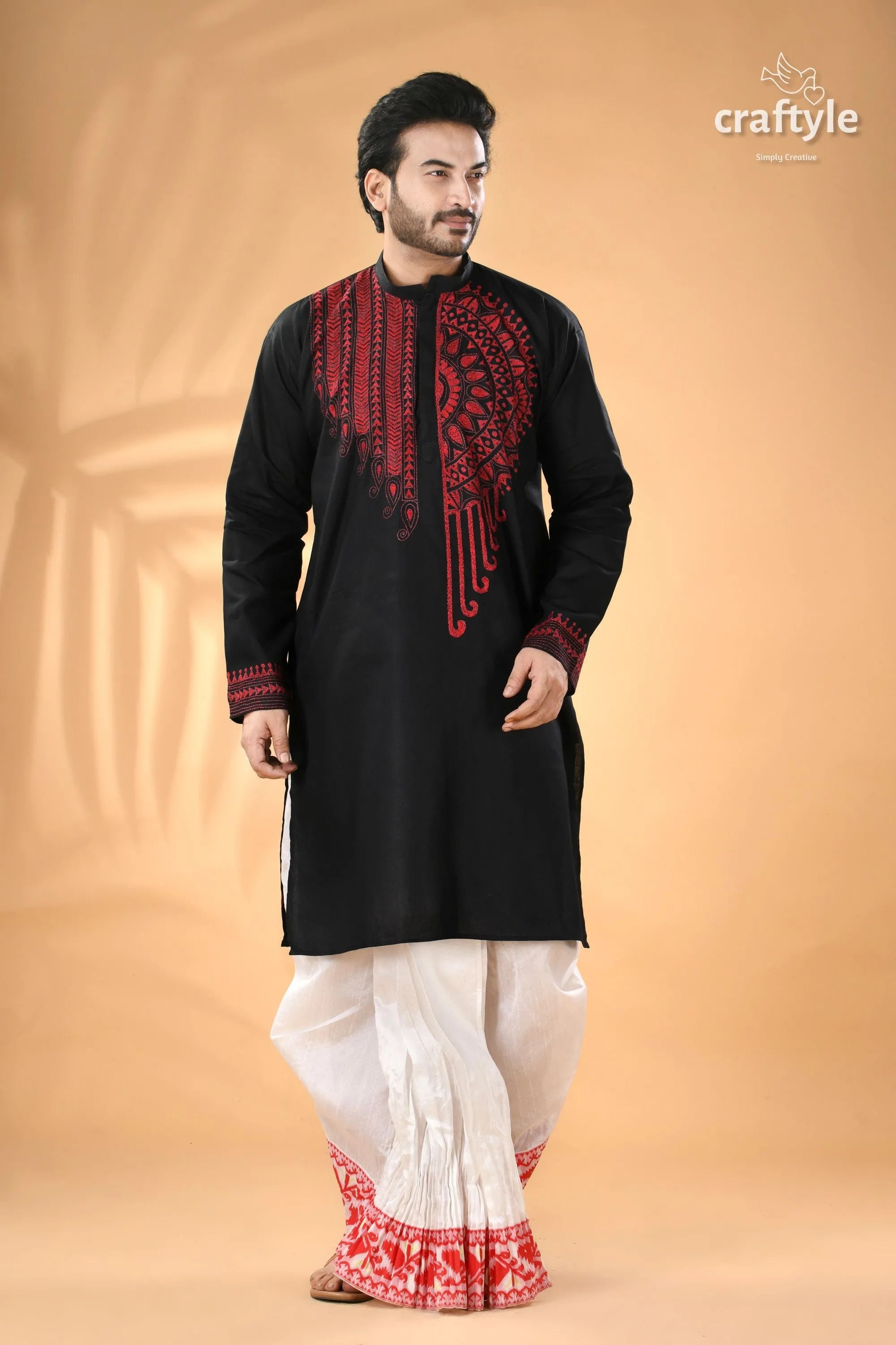Black and red hand kantha embroidered cotton ethnic punjabi men’s kurta white 1