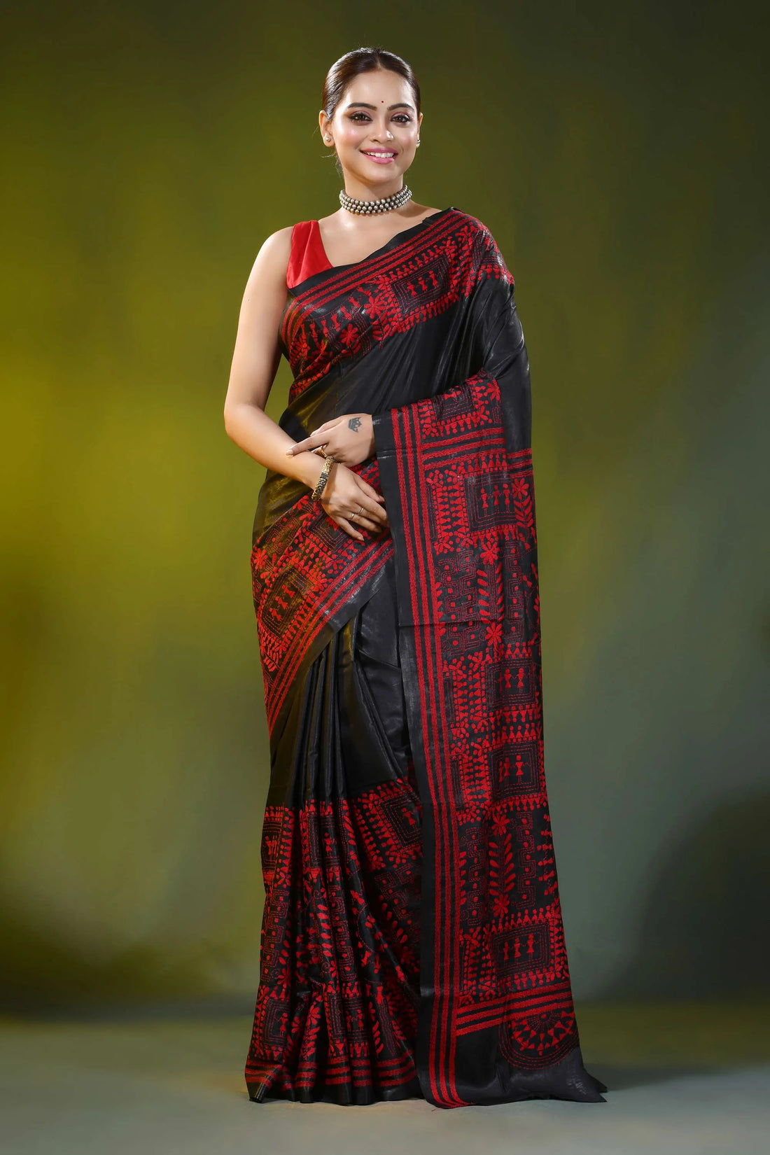 Black and red silk kantha saree with handmade warli ethnic design 1