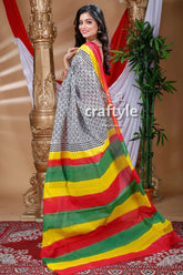 Black and white hand block pure cotton saree colorful patterned saree 3