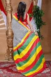 Black and white hand block pure cotton saree striped patterned saree 4