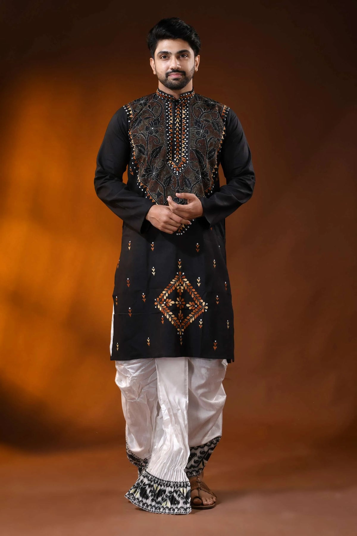 Black cotton kantha punjabi for men with rust floral embroidery - reverse stitch 6