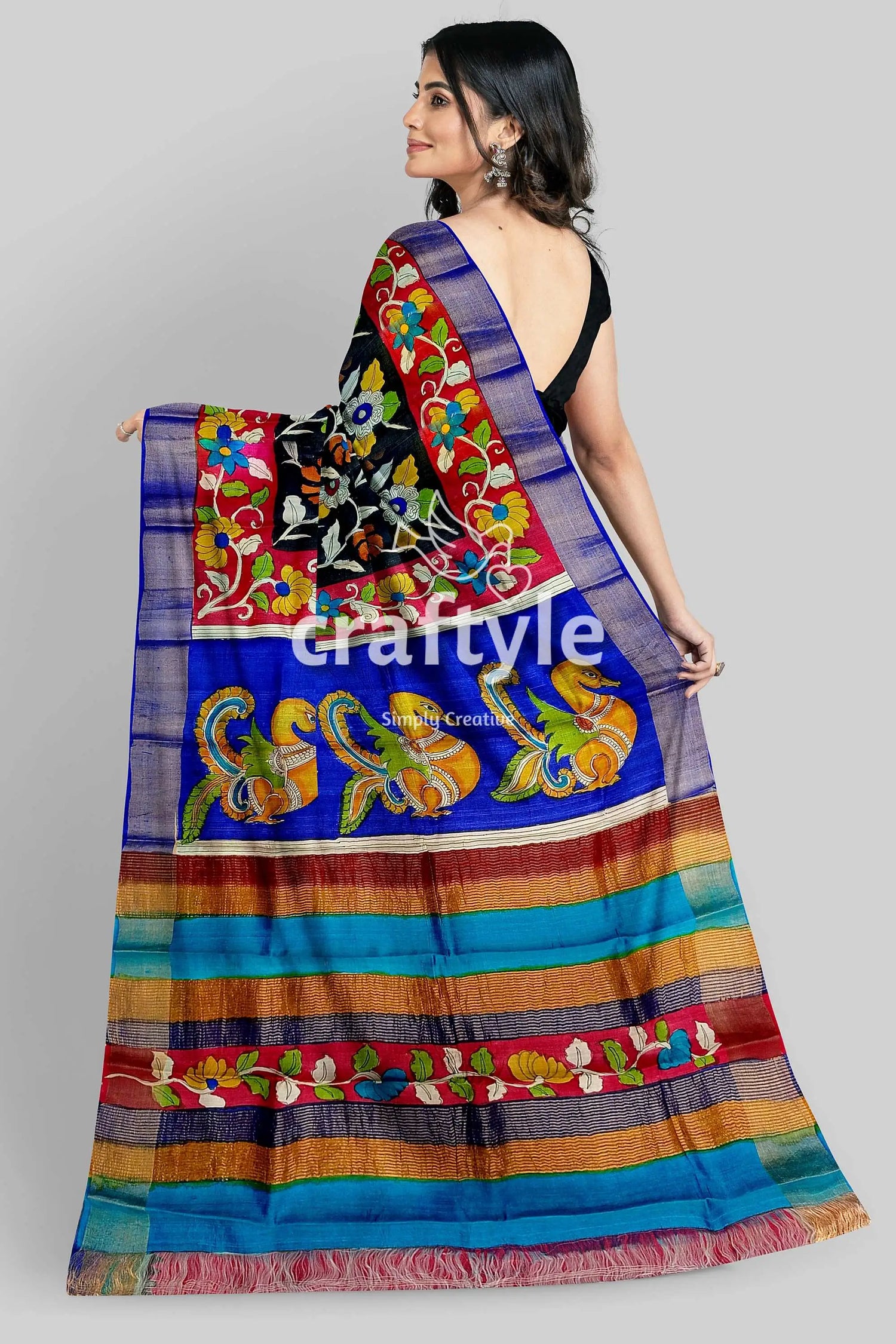 Black dark red hand painted pure tussar kalamkari sari with zari border colorful patterned saree 5