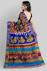 Black dark red hand painted pure tussar kalamkari sari with zari border colorful patterned saree 5