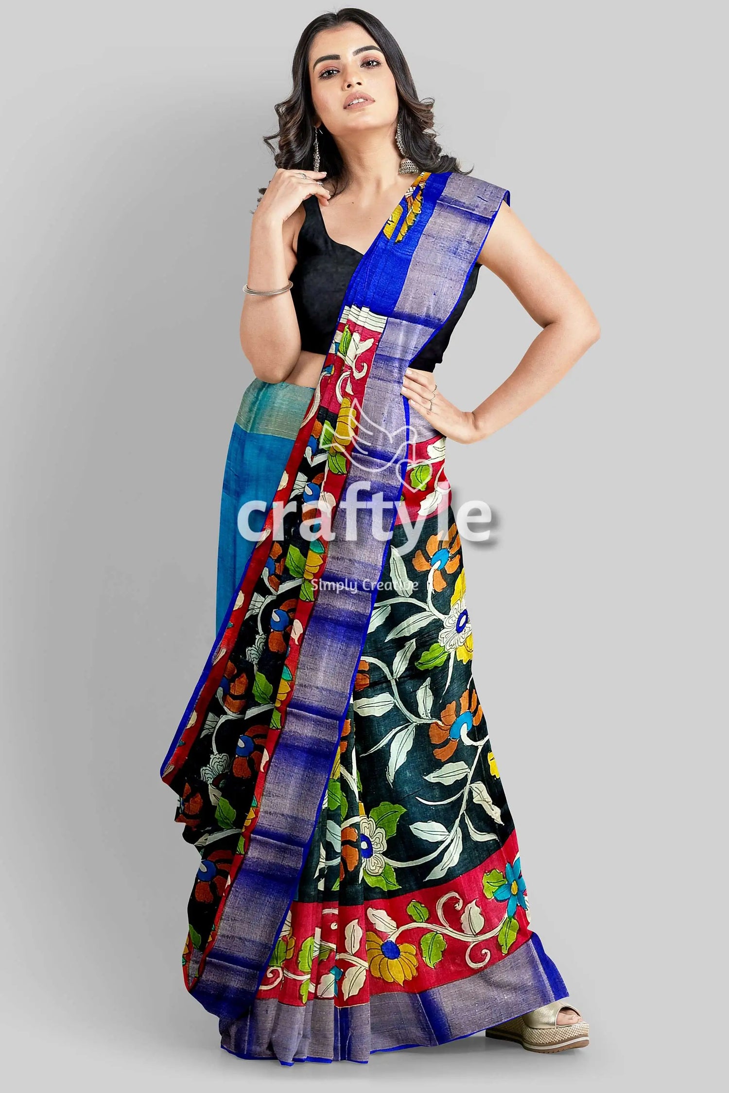 Black dark red hand painted pure tussar kalamkari sari with zari border floral-patterned saree blue border 4