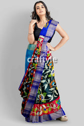 Black dark red hand painted pure tussar kalamkari sari with zari border floral-patterned saree blue border 4