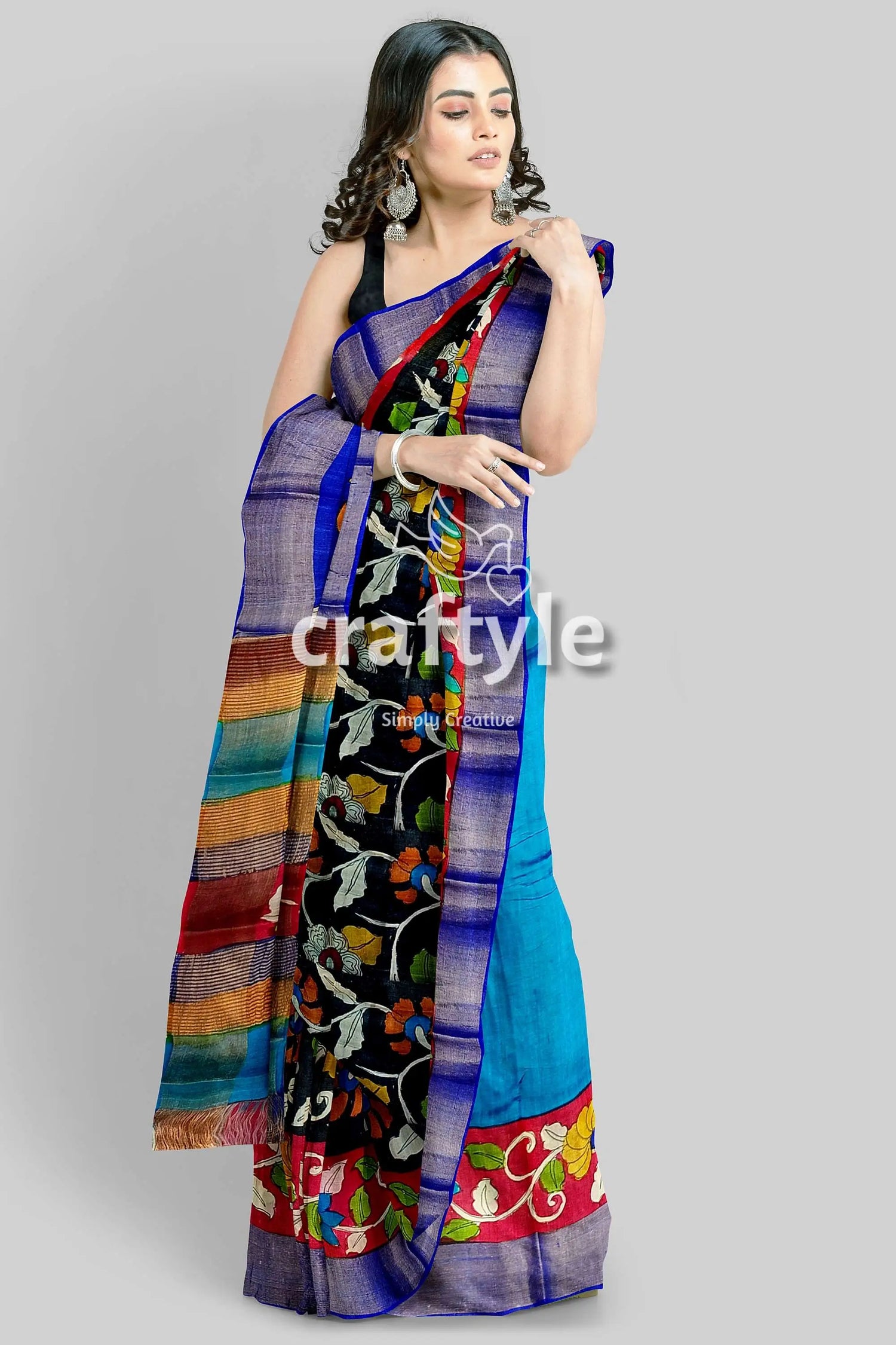 Black dark red hand painted pure tussar kalamkari sari with zari border woman blue floral saree 2