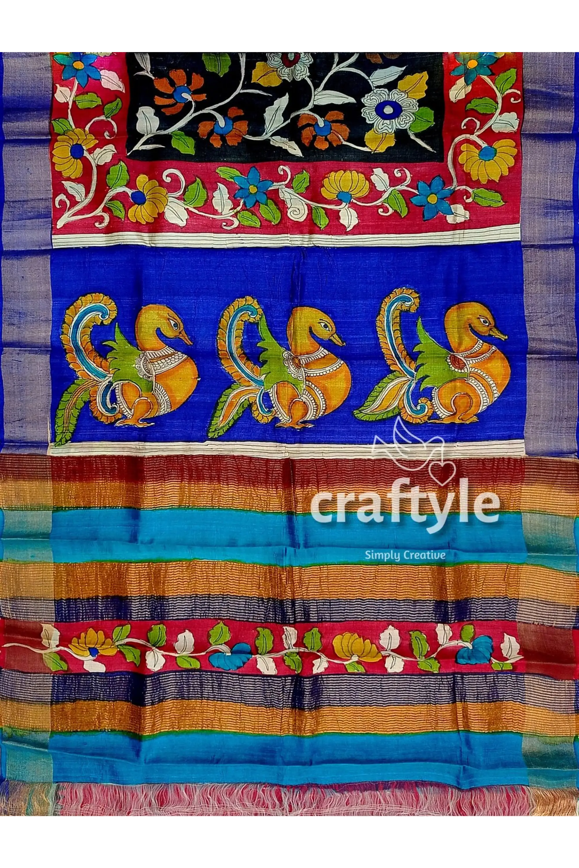 Black dark red hand painted pure tussar kalamkari sari with zari border colorful patterned fabric 6