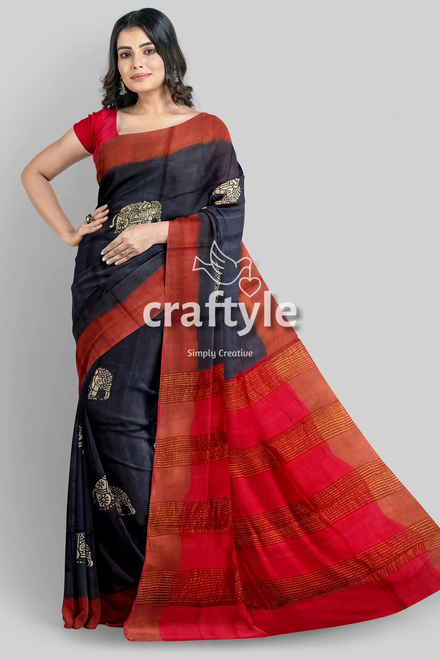 Black elephant design pure tussar saree with zari border - hand block print black red saree elephant motifs 5