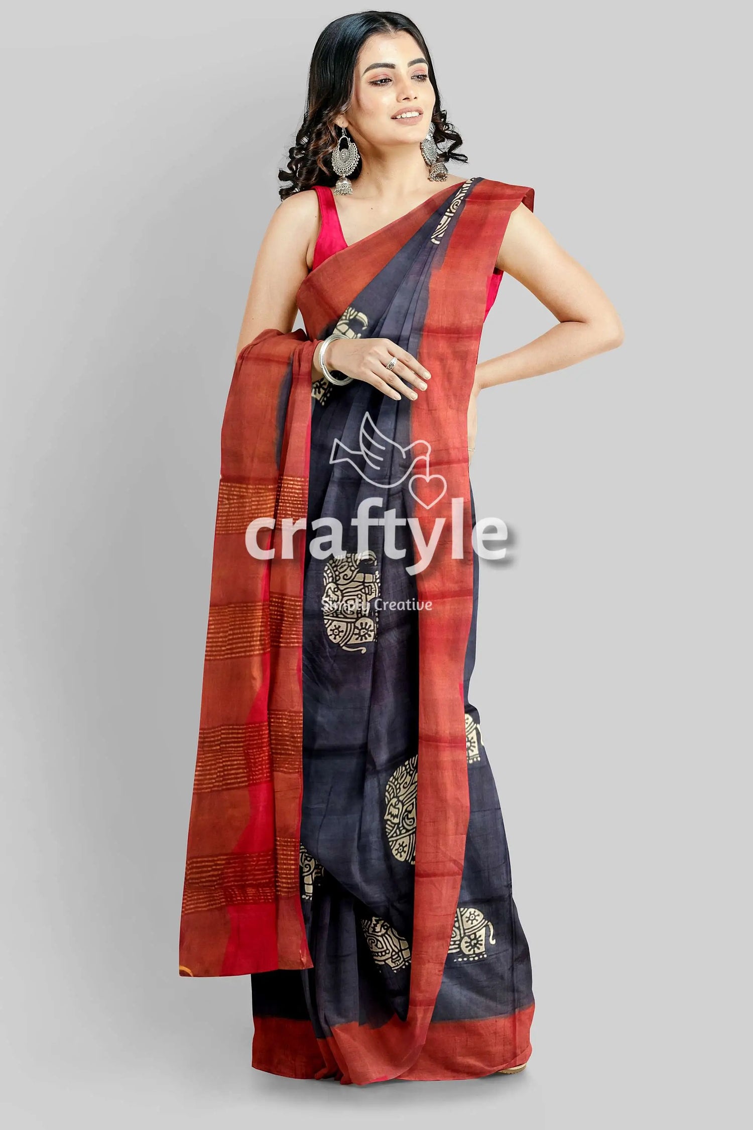 Black elephant design pure tussar saree with zari border - hand block print woman dark blue red saree 2