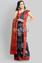Black elephant design pure tussar saree with zari border - hand block print woman dark blue red saree 2
