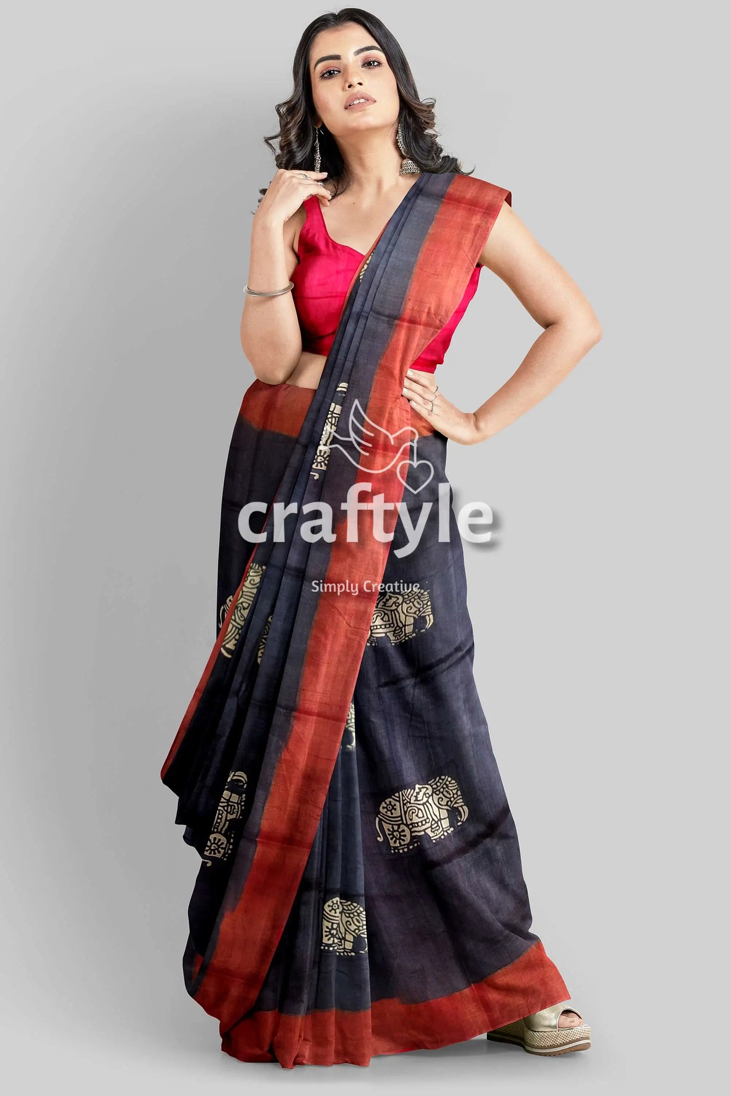 Black elephant design pure tussar saree with zari border - hand block print woman dark saree elephant prints 4