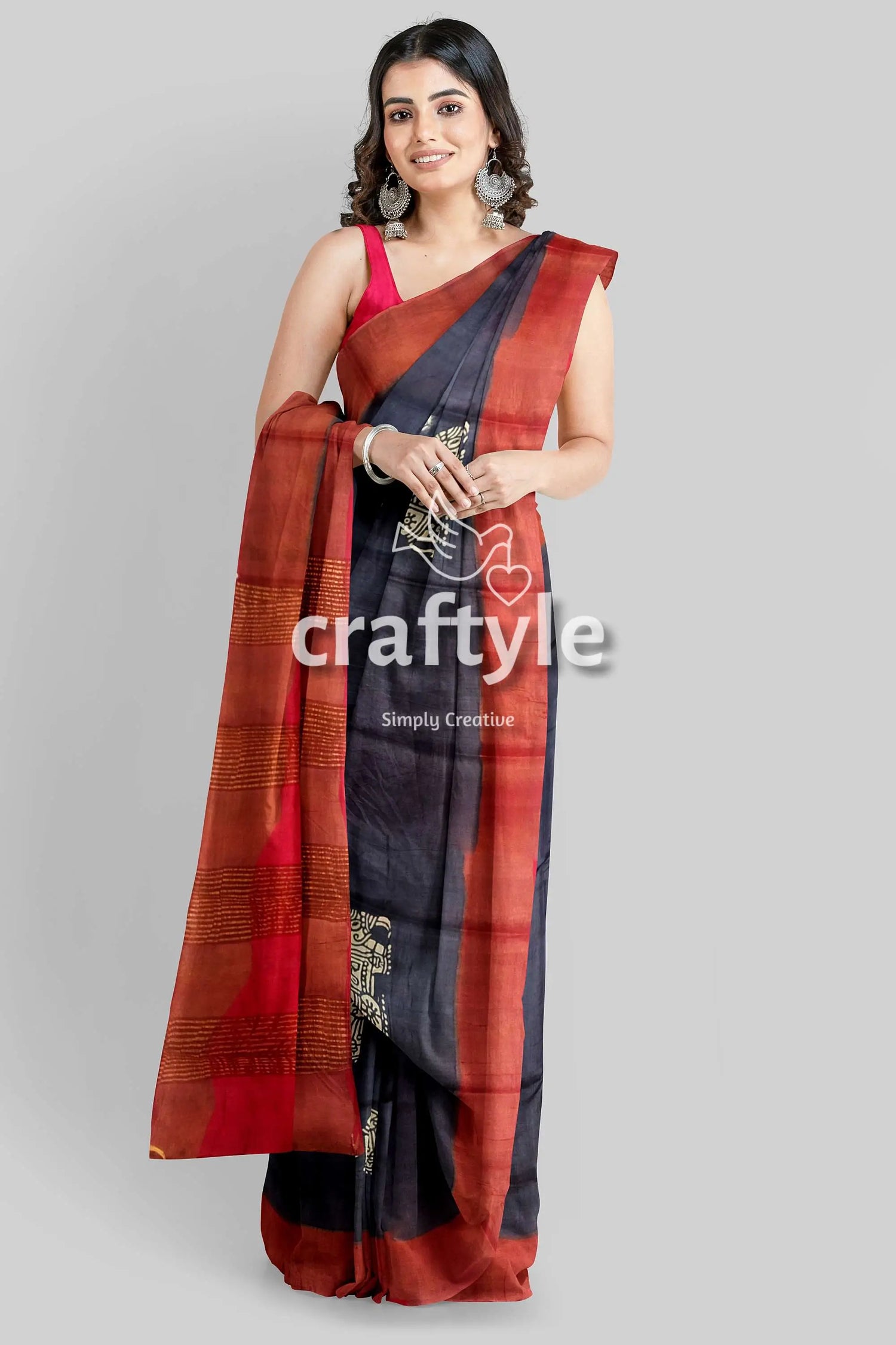 Black elephant design pure tussar saree with zari border - hand block print woman dark red saree 3