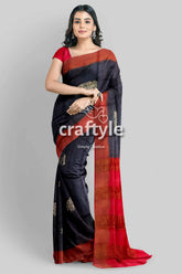 Black elephant design pure tussar saree with zari border - hand block print elegant black red saree 1