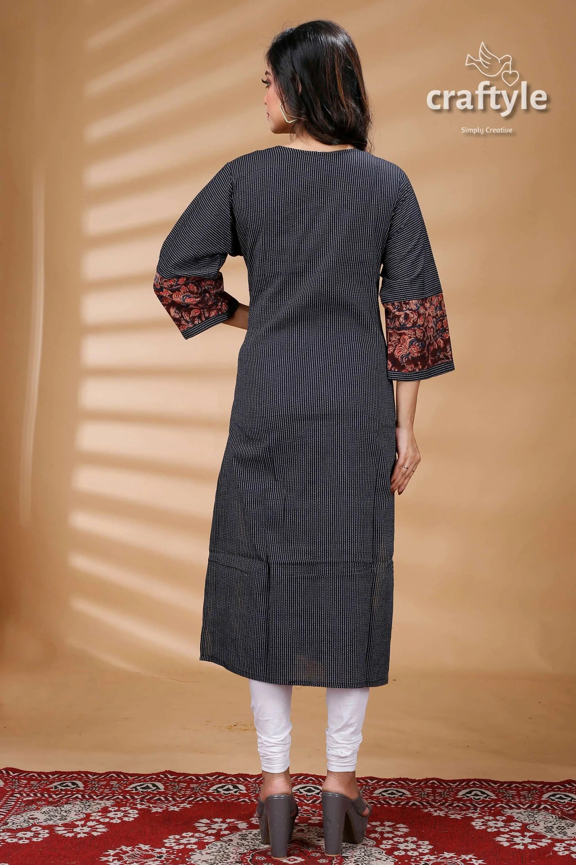 Black kalamkari print cotton designer kurti for women woman’s gray kurta embroidered sleeves 4