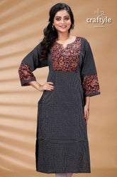 Black kalamkari print cotton designer kurti for women gray patterned tunic 2