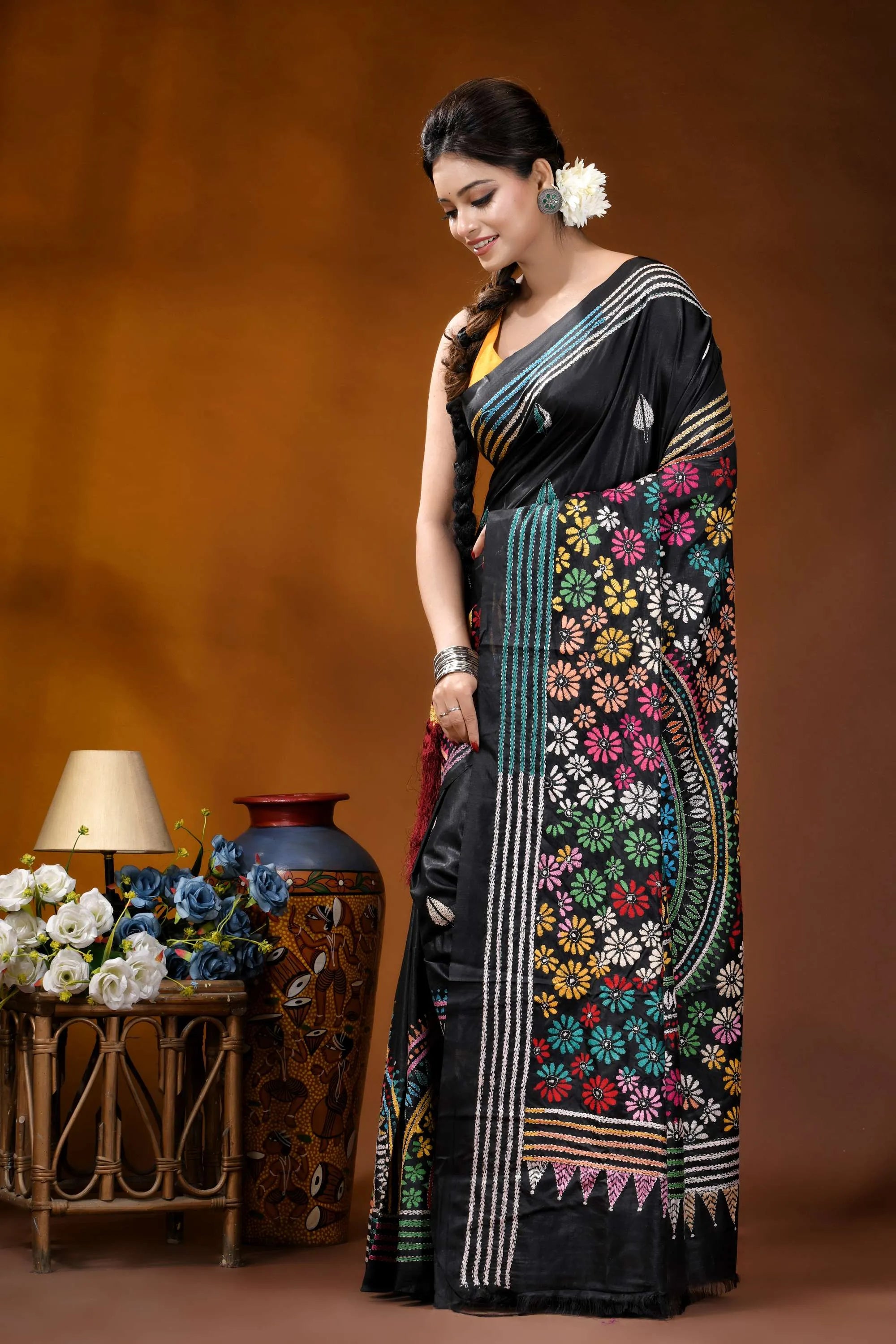 Black mandala multithread floral handcrafted kantha embroidery silk saree black saree vibrant multicolored floral 3