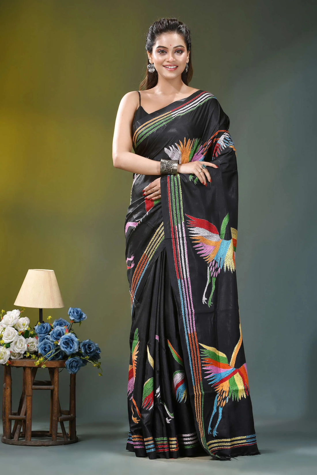 Black multicolor heron design kantha stitch silk saree black silk saree adorned vibrant 1