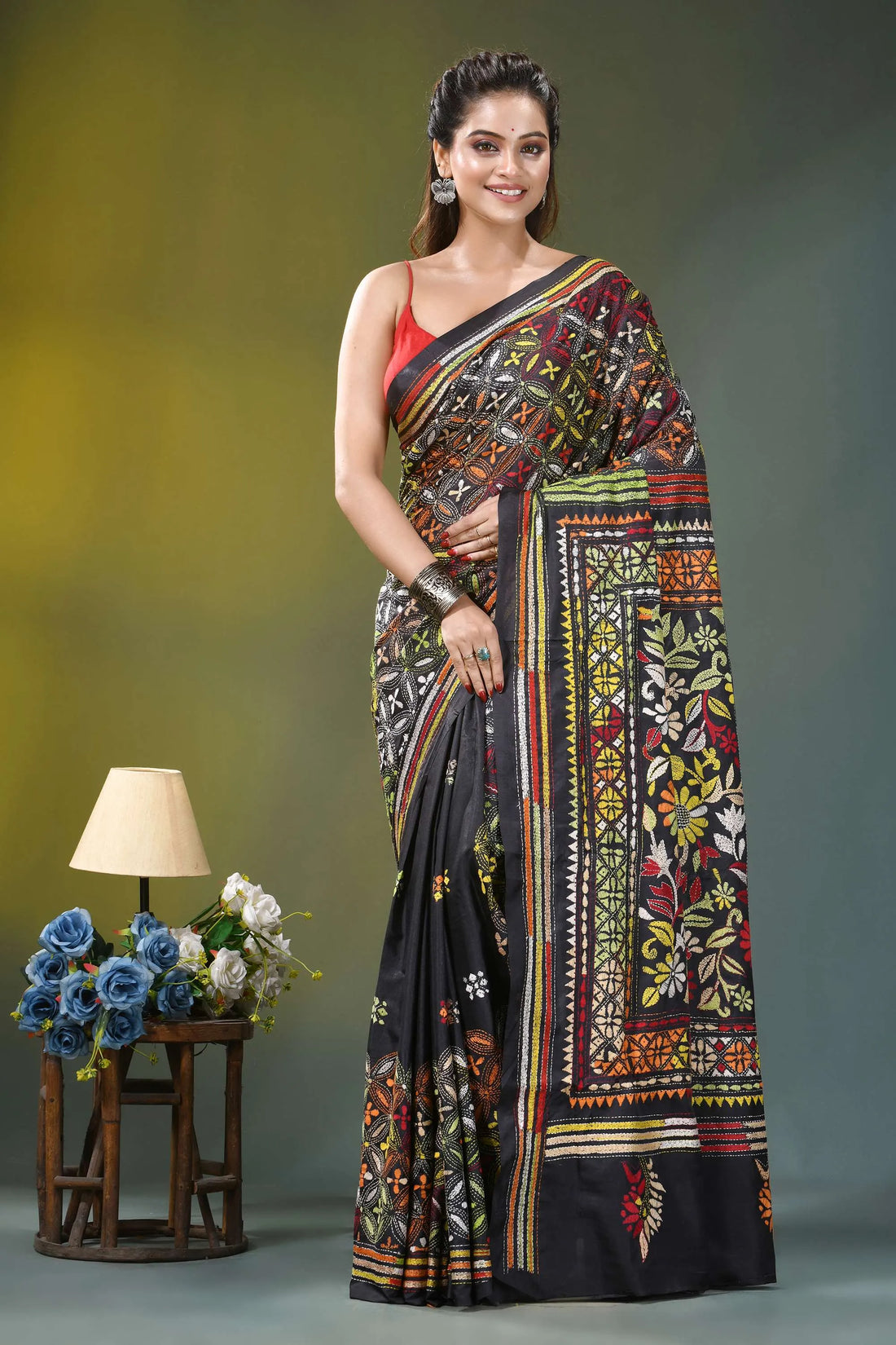 Black multicolor thread handcrafted ethnic silk kantha saree black saree intricate multicolored embroidery 1