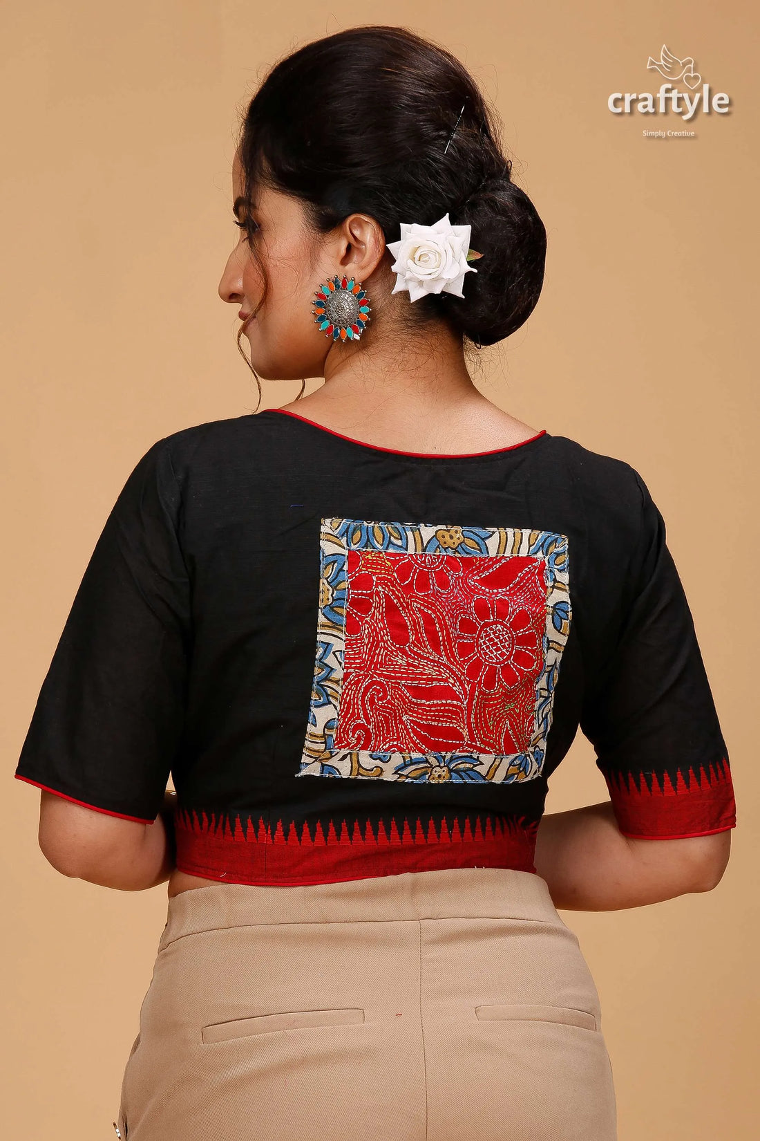 Black pure cotton blouse featuring intricate kantha patchwork red trim square 2