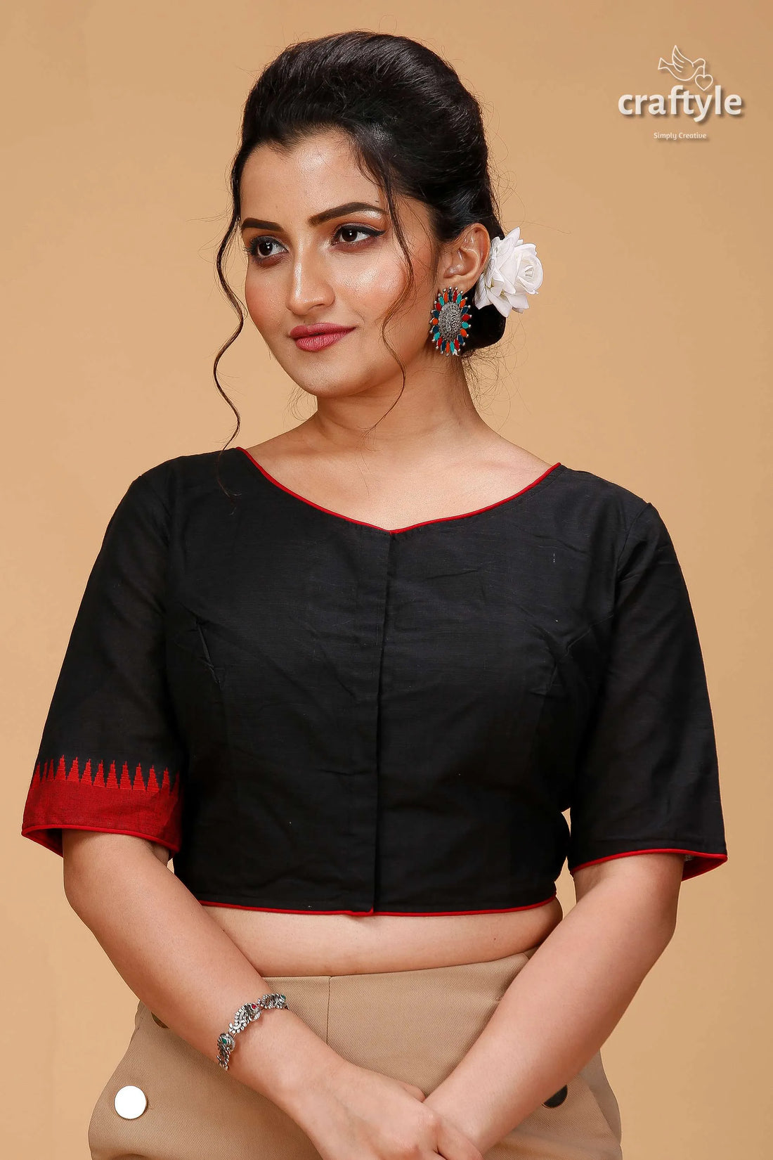 Black pure cotton blouse featuring intricate kantha patchwork red trim 1