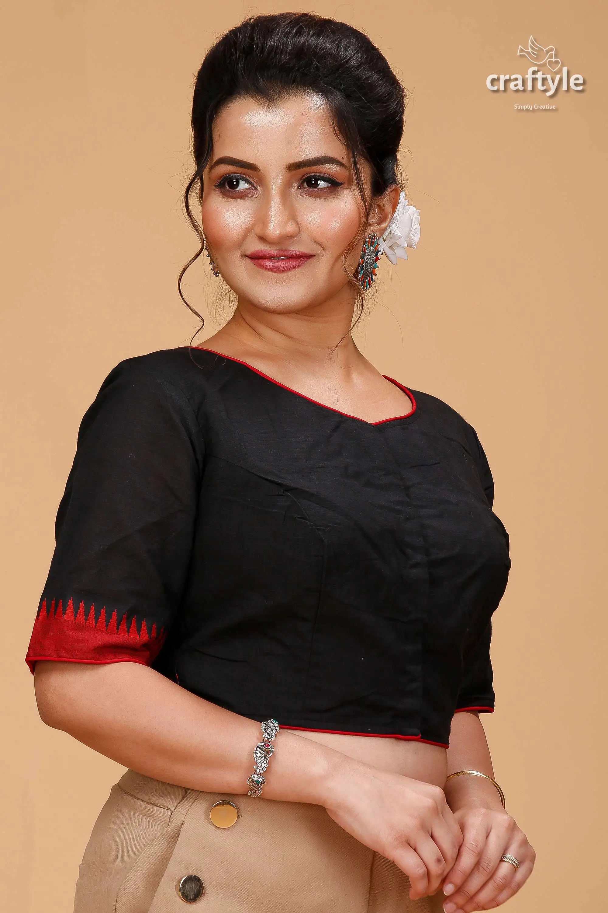 Black pure cotton blouse featuring intricate kantha patchwork woman black blouse red trim 4