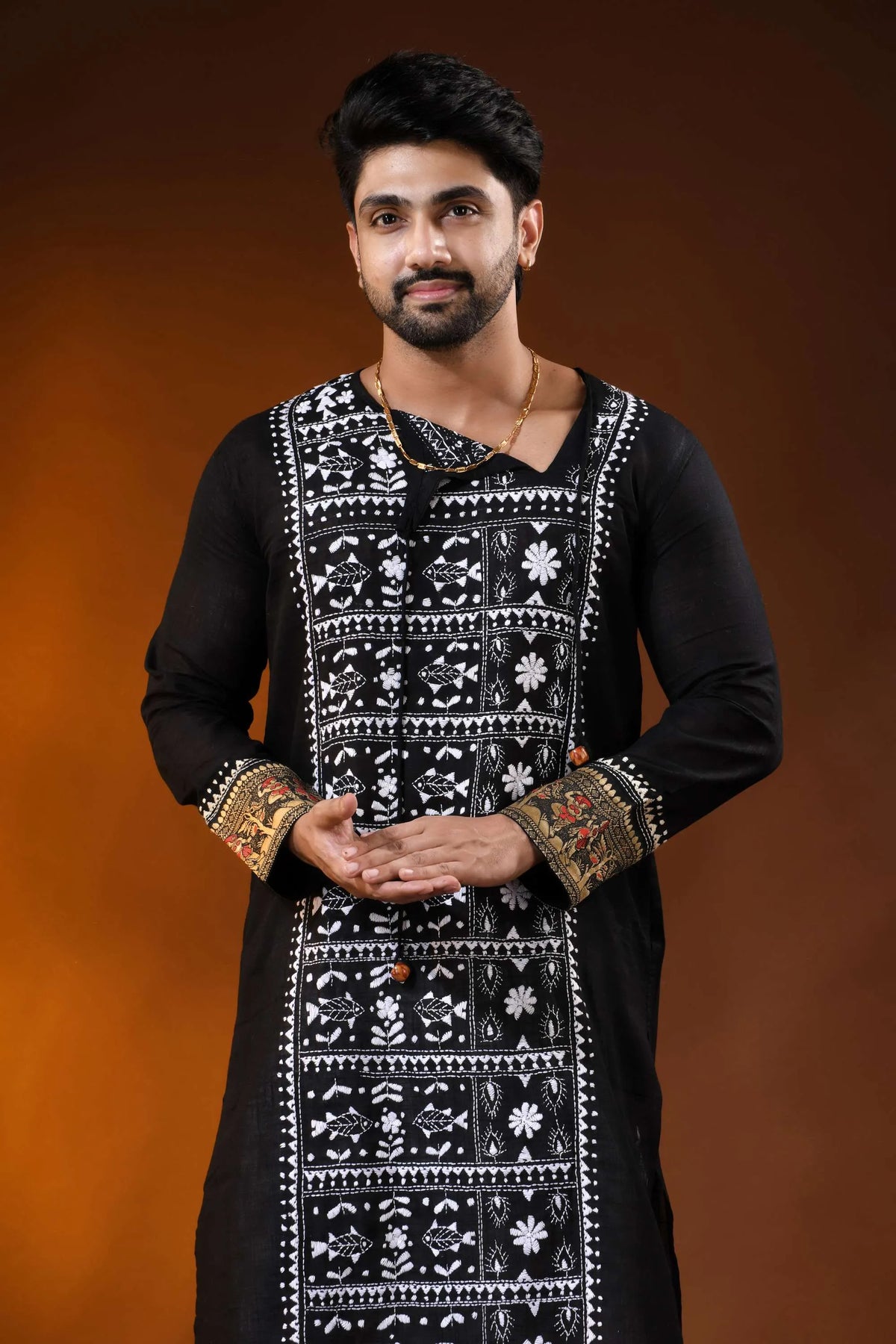 Black pure cotton men’s punjabi with fish motif kantha embroidery 2