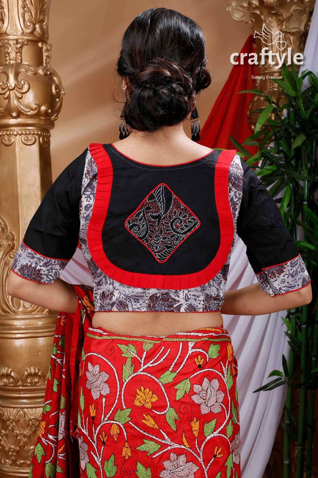 Black &amp; Red Kantha Patchwork Designer Cotton Blouse - Craftyle