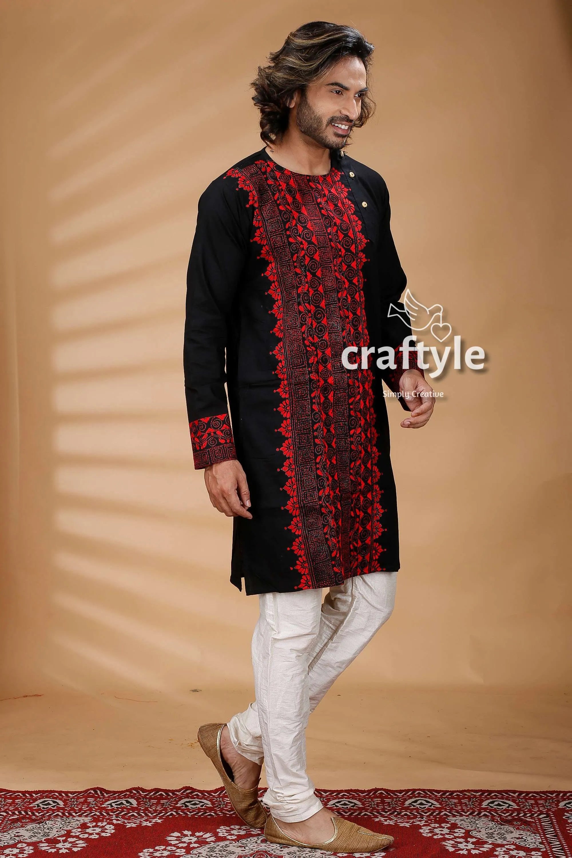 Black & red kantha work hand embroidered mens cotton kurta intricate embroidery 3