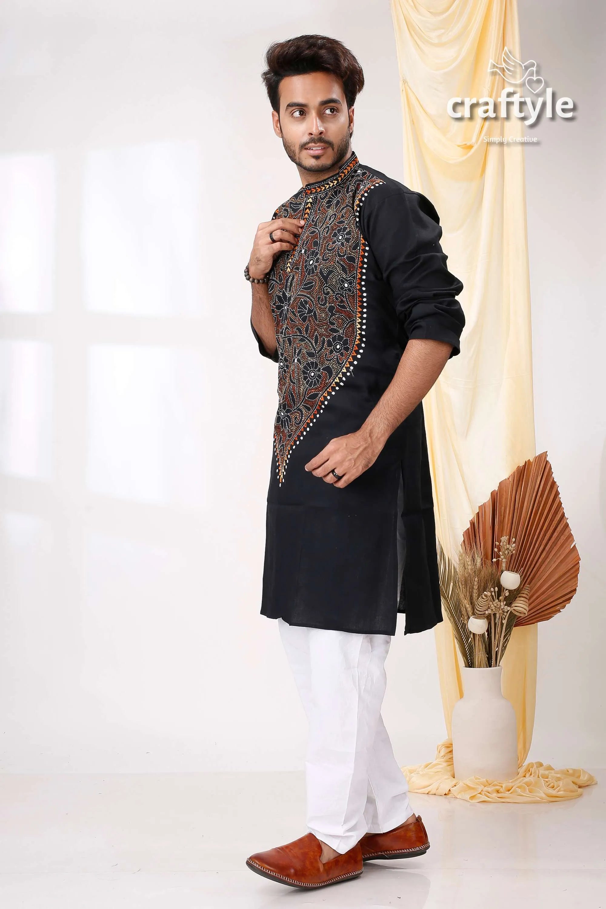 Black reverse thread kantha hand embroidered mens cotton kurta intricate beadwork 3