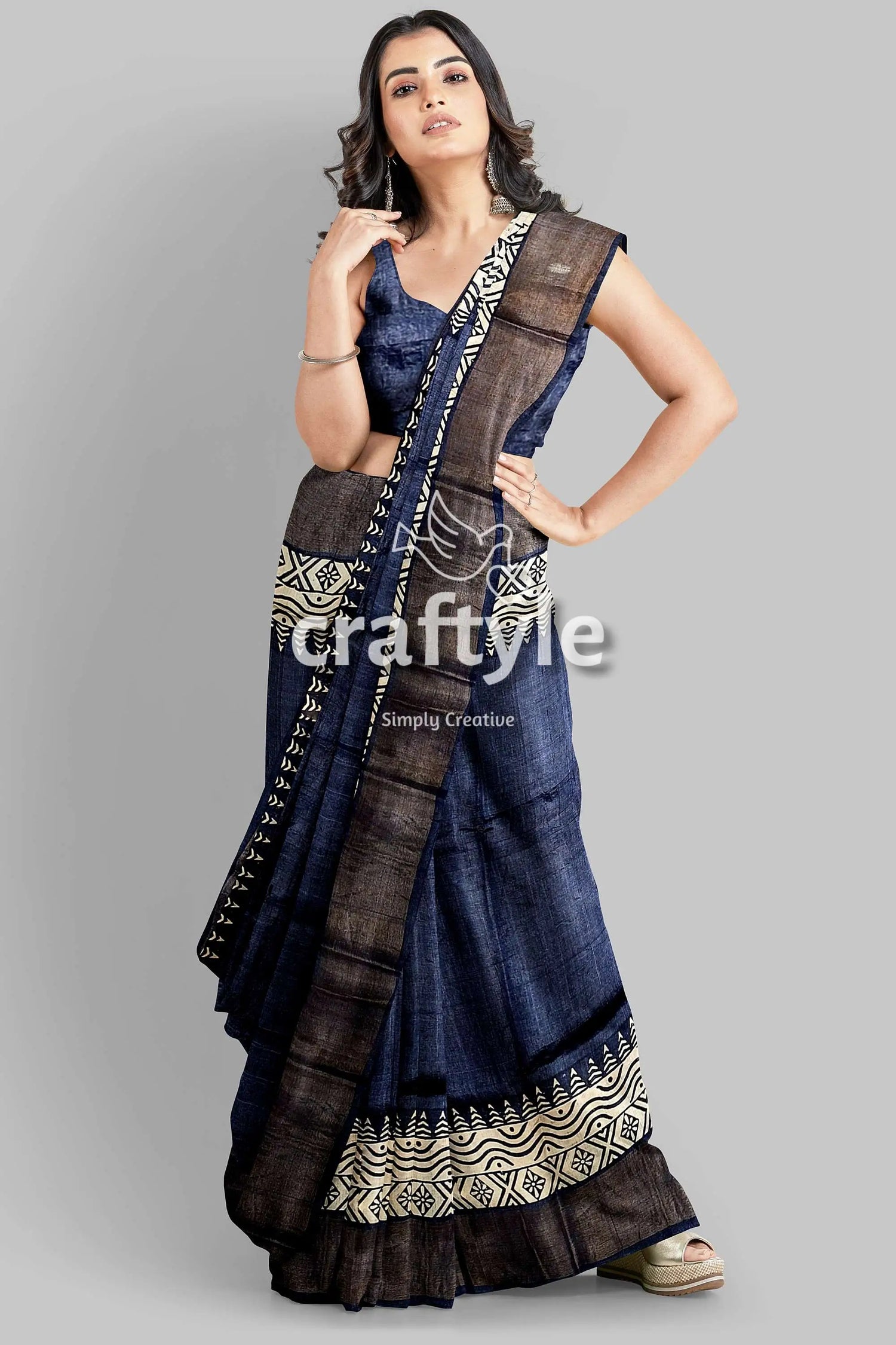Black rock hand block print zari border pure tussar saree woman blue saree 5