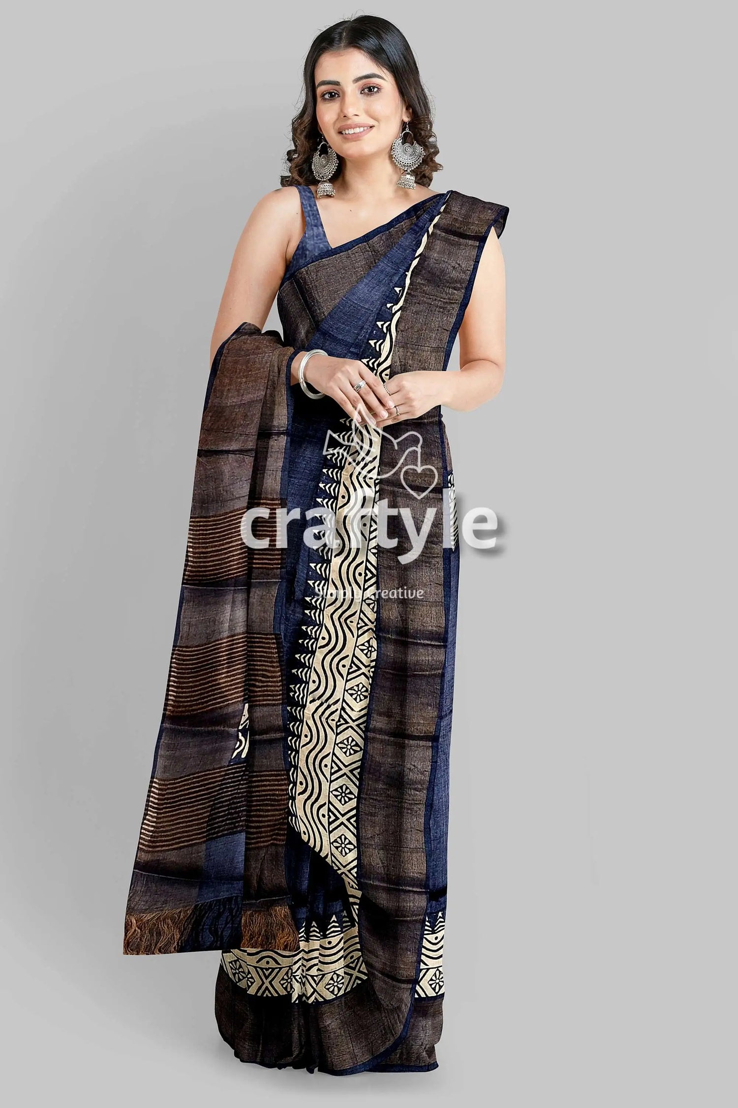 Black rock hand block print zari border pure tussar saree woman patterned saree 4