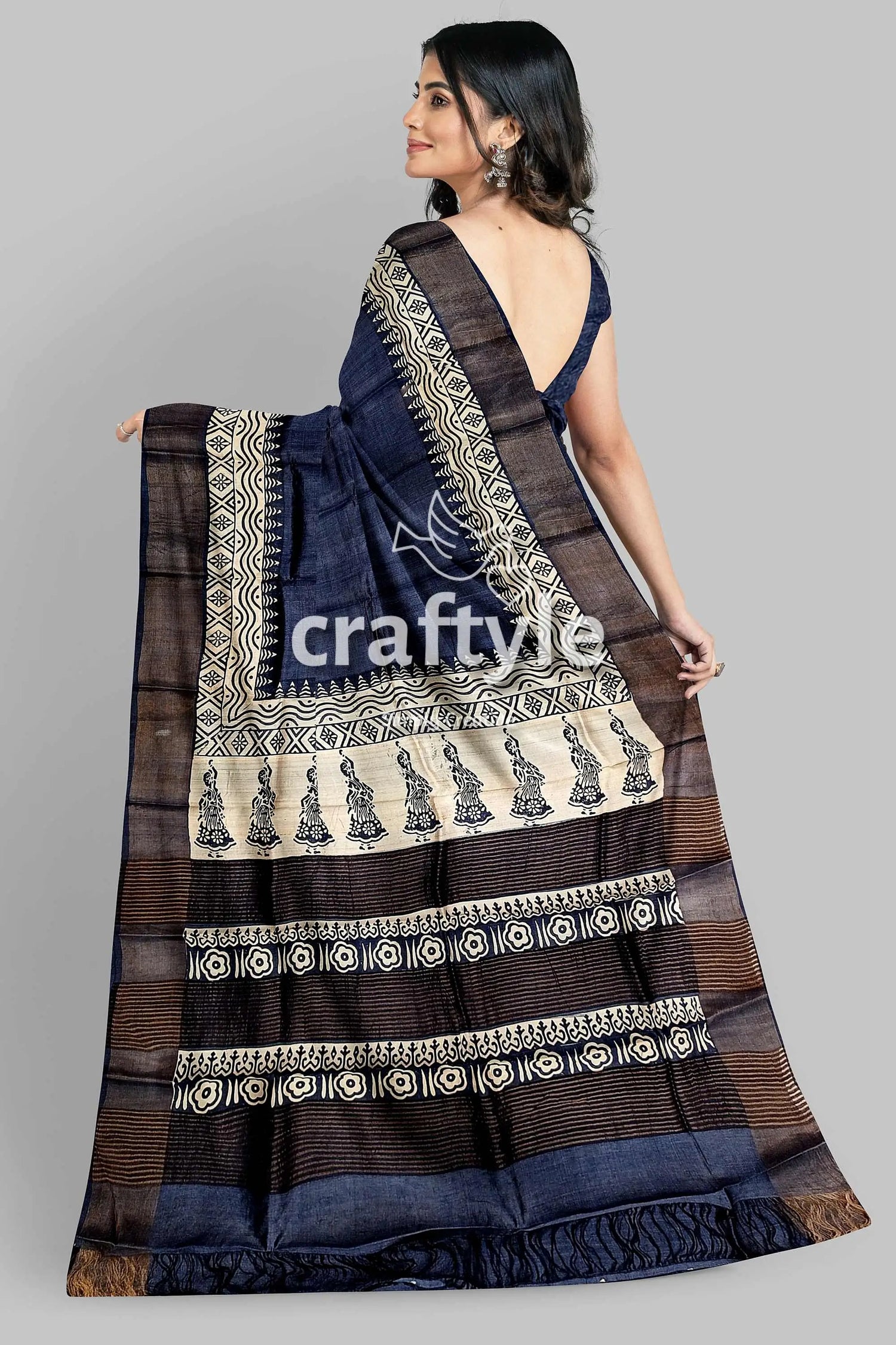 Black rock hand block print zari border pure tussar saree woman patterned saree 6