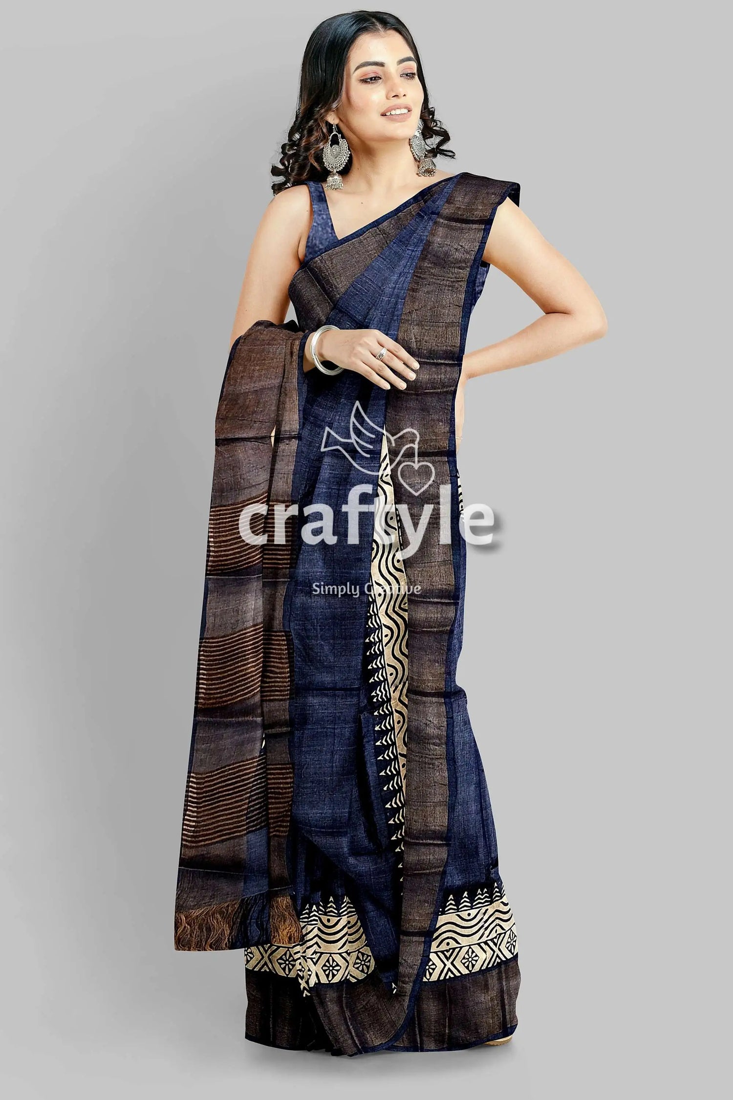 Black rock hand block print zari border pure tussar saree blue brown patterned saree 3