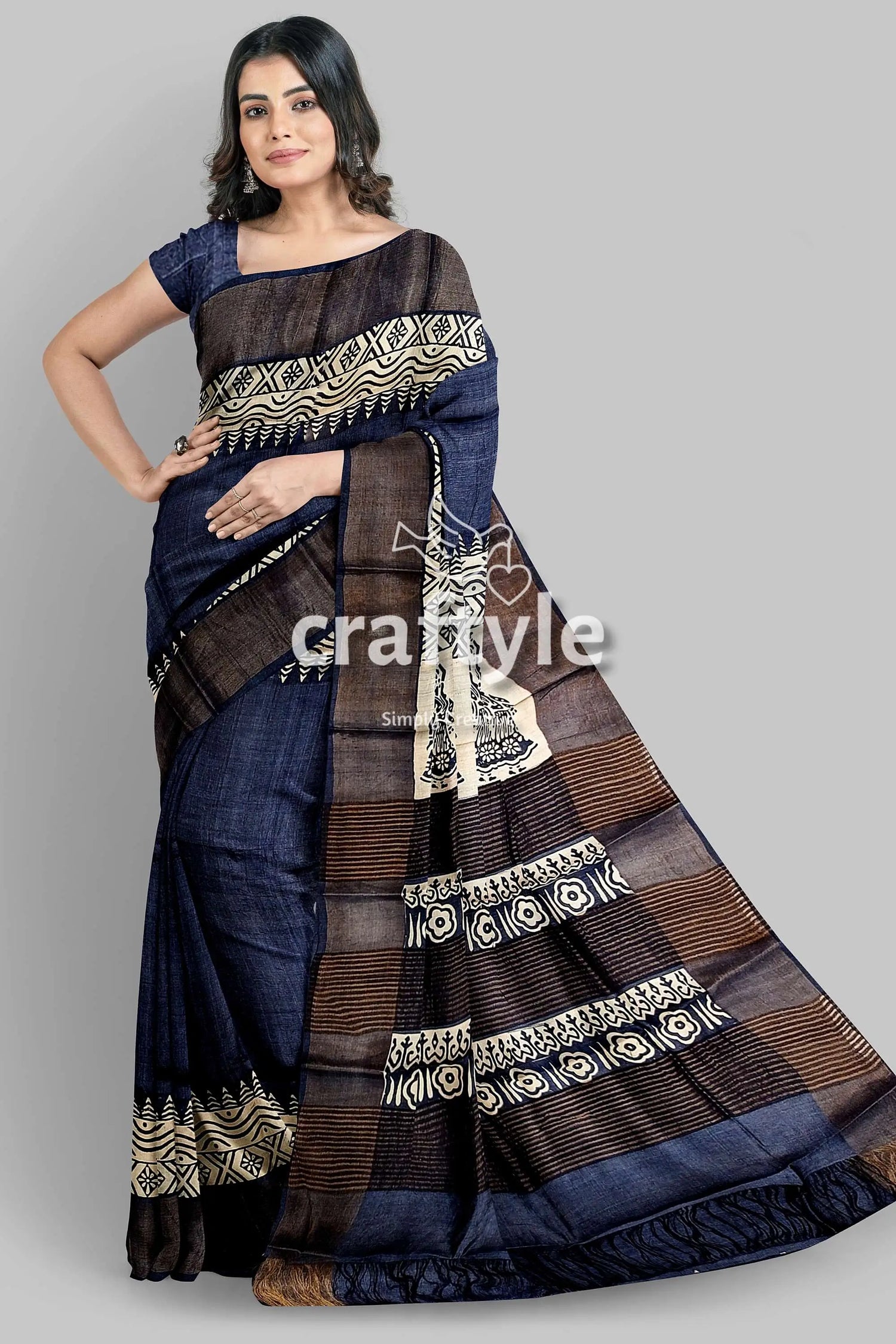Black rock hand block print zari border pure tussar saree woman dark blue brown patterned 1