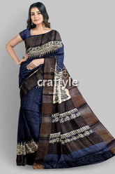 Black rock hand block print zari border pure tussar saree woman dark blue brown patterned 1