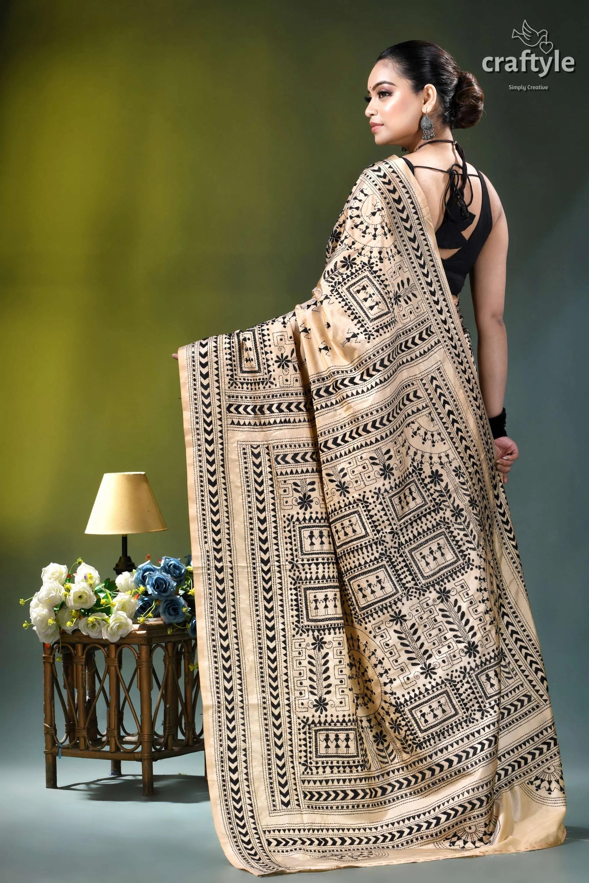 Black thread warli design silk kantha stitch saree in desert sand beige black patterned saree intricate 4